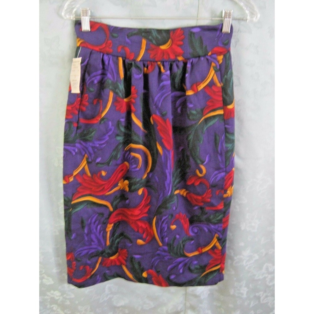 VTG 80's Gloria Sachs 100% Wool Skirt Size 8 NWT $289 Nordstrom Scarf Print